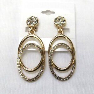 Gold Clear Rhinestone Crystal Oval Dangle Drop CLIP ON Earrings Clip-ons